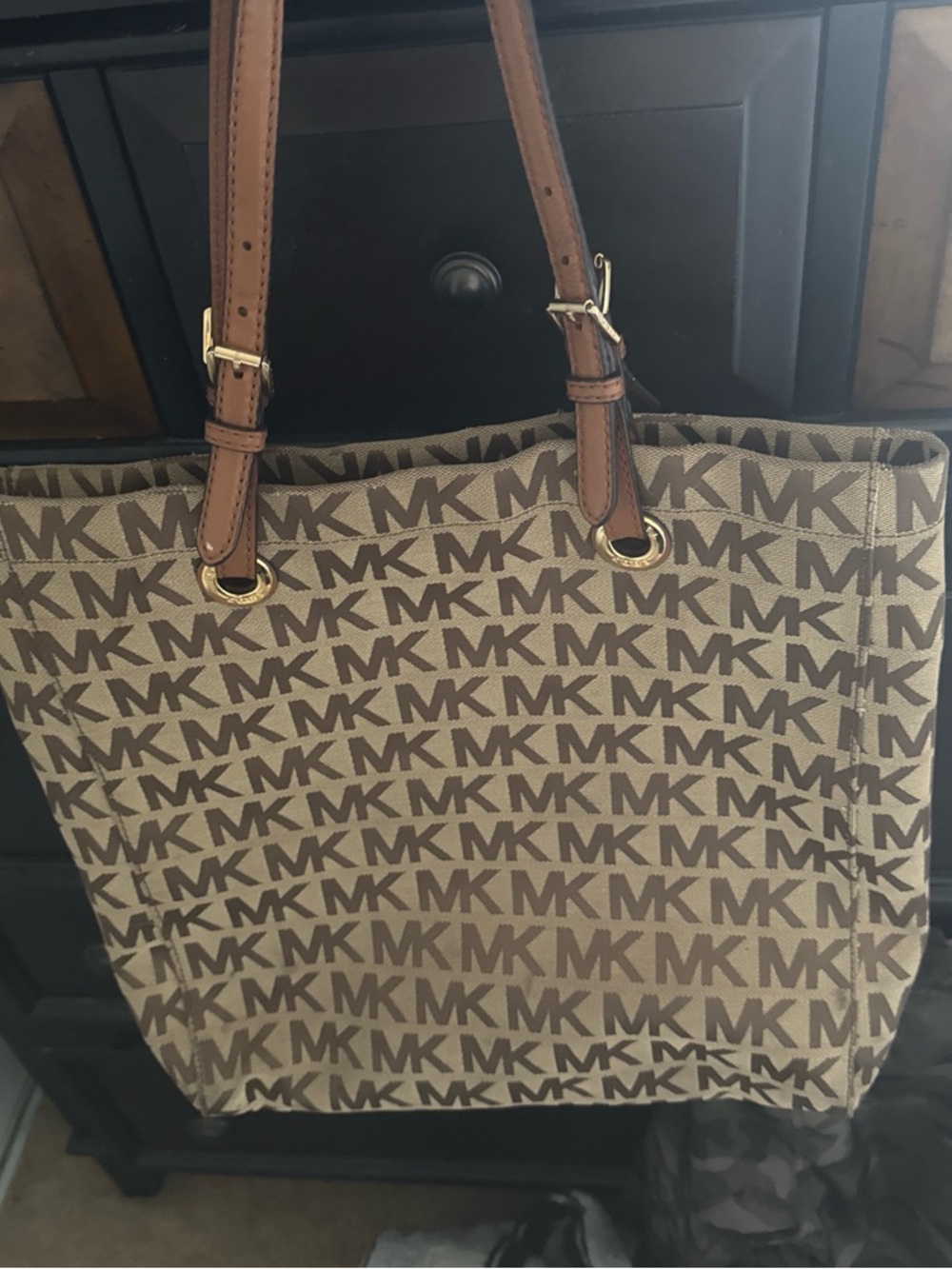Michael Kors Brown Beige MK Logo Canvas Tote